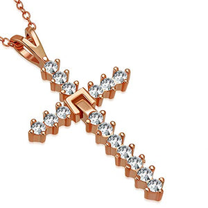 925 Sterling Silver Yellow Gold-Tone White Clear CZ Religious Cross Pendant Necklace