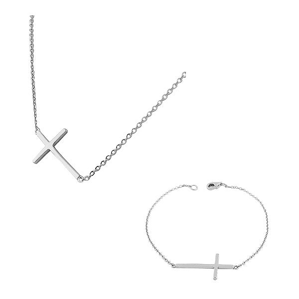 925 Sterling Silver Sideways Religious Cross Chain Pendant Necklace Bracelet Set