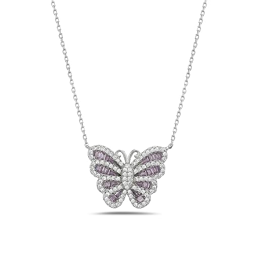 My Daily Styles Women's or Girls 925 Sterling Silver CZ Butterfly Necklace Pendant - Adjustable Cable Link Chain 16"-18"