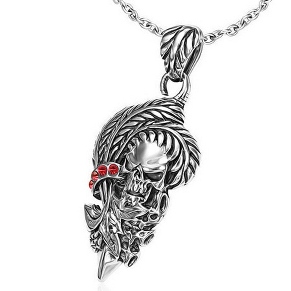 Stainless Steel Silver and Black Tone Fleur De Lis Flower Feather Skull Pendant