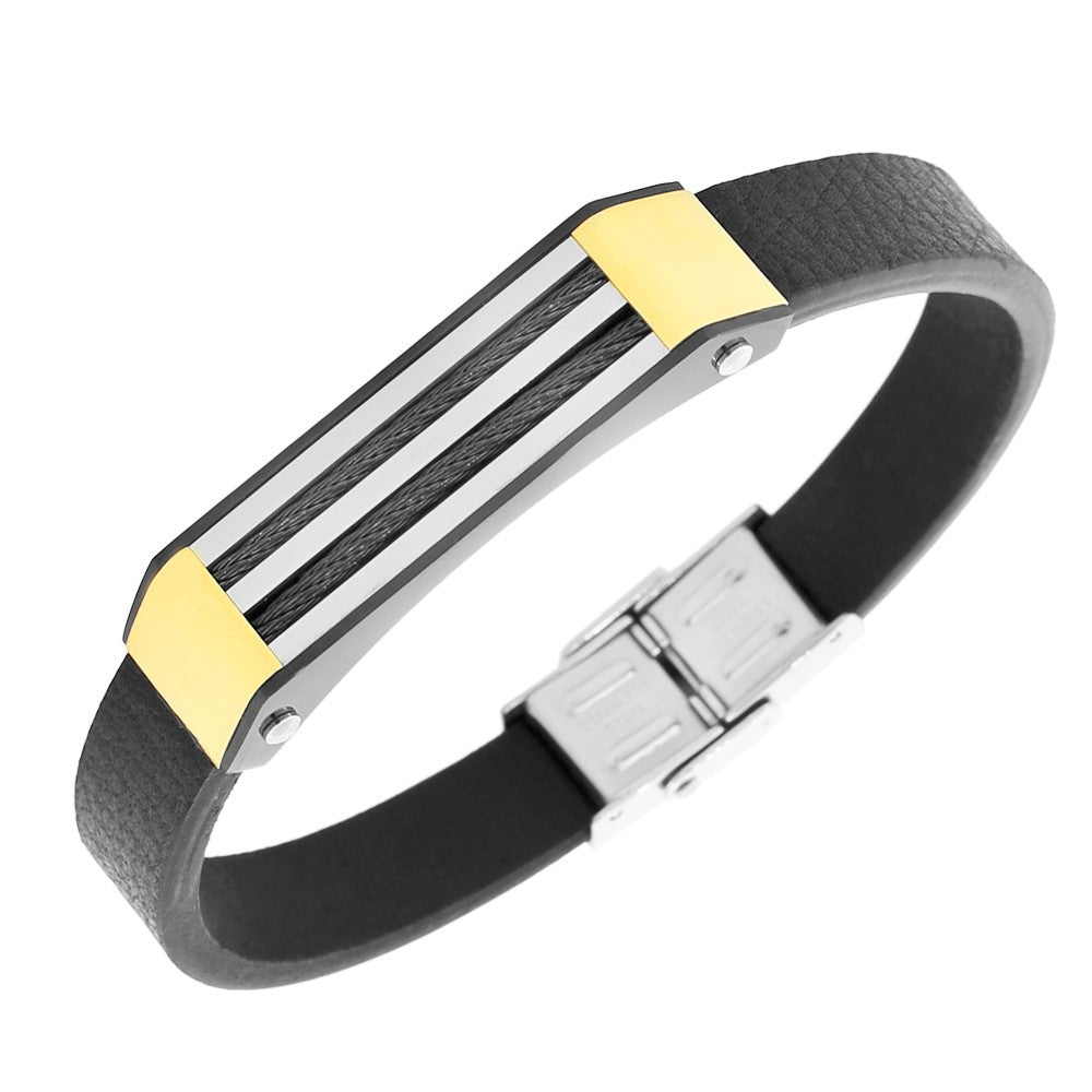 Stainless Steel Black Leather Two-Tone Twisted Cable Rope Men's Bracelet