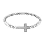 Stainless Steel Beaded Cross Bracelet, CZ Crystal Stretch Bracelet, Religious Jewelry (Yellow Gold-Tone)