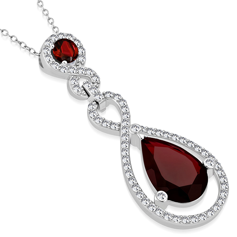 Sterling Silver Ruby Red Clear CZ Teardrop Large Statement Pendant Necklace