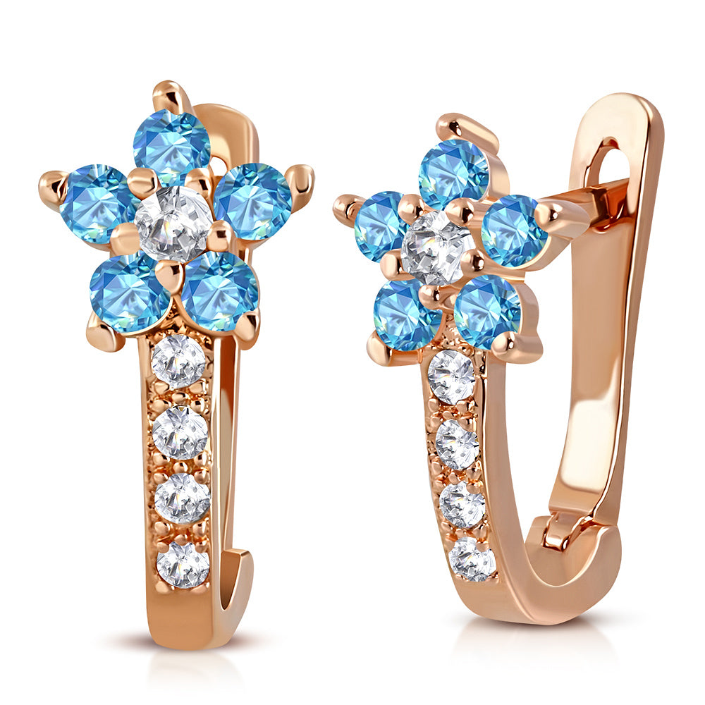 925 Sterling Silver Rose Gold-Tone White Light Blue CZ Small Girls Hoop Huggie Flower Floral Earrings, 0.5"