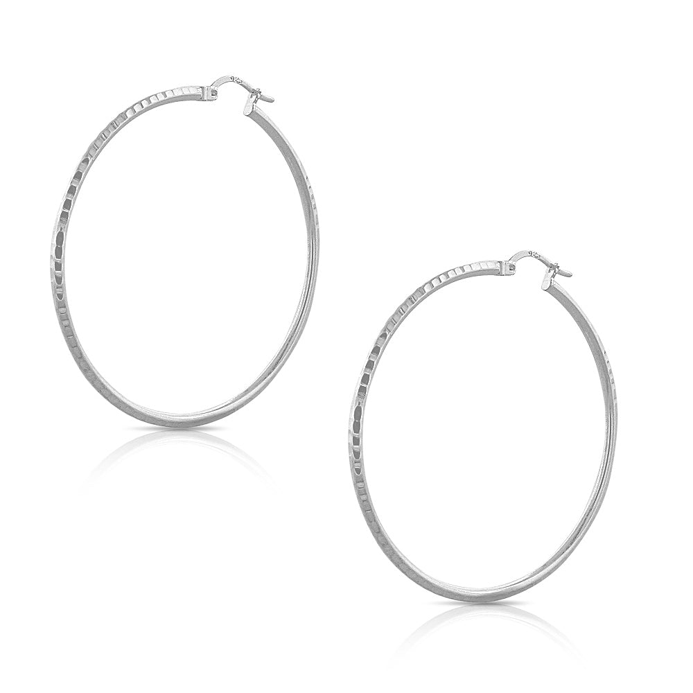 925 Sterling Silver Faceted Round Hoop Earrings, 1.40"