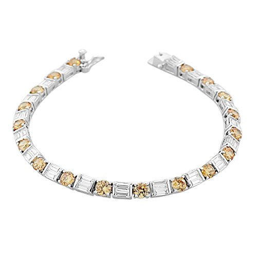 925 Sterling Silver Round Baguette White Brown Cognac CZ Classic Tennis Bracelet