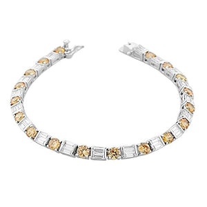 925 Sterling Silver Round Baguette White Brown Cognac CZ Classic Tennis Bracelet