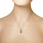 925 Sterling Silver Blue Turquoise-Tone Simulated Opal Purple-Tone CZ Pendant Necklace