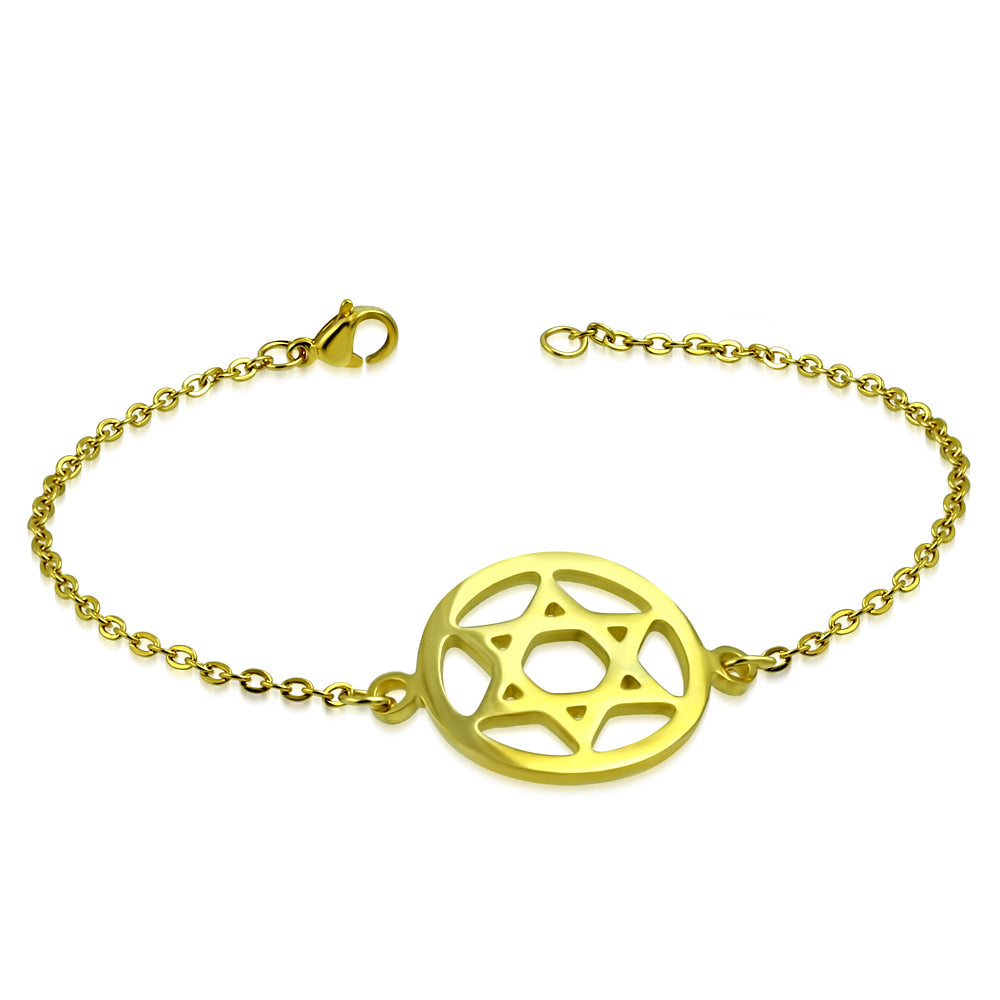 Stainless Steel Yellow Gold-Tone Jewish Star of David Chain Bracelet
