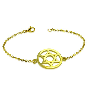Stainless Steel Yellow Gold-Tone Jewish Star of David Chain Bracelet