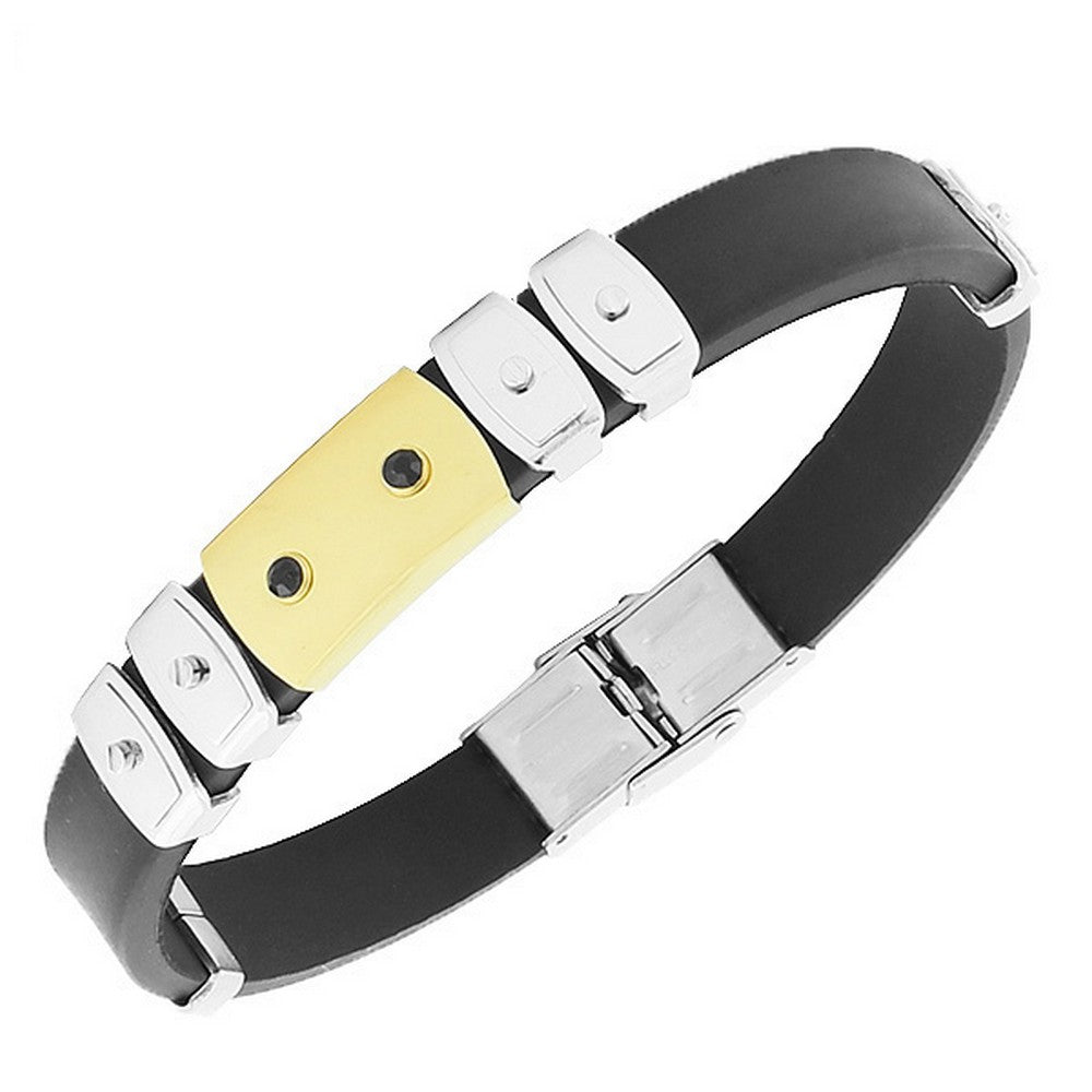 Stainless Steel Black Rubber Silicone Two-Tone Black CZ Mens Bracelet