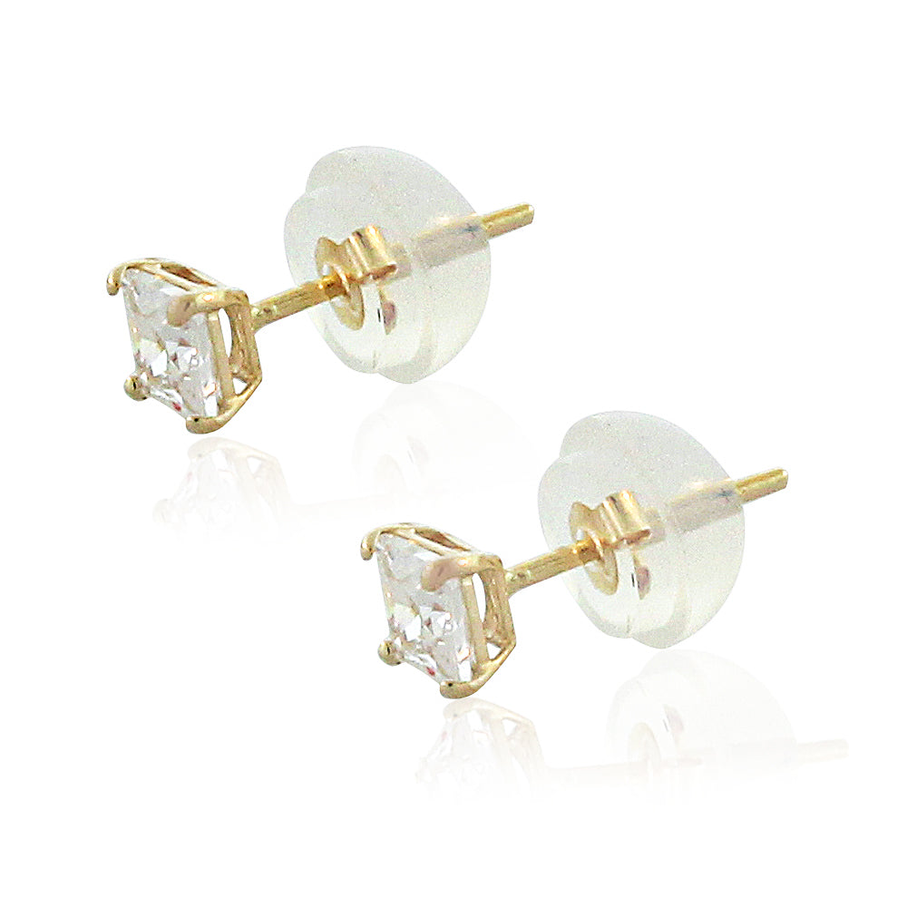 14K Yellow Gold Square Princess White Clear CZ Classic Stud Earrings, 3 mm