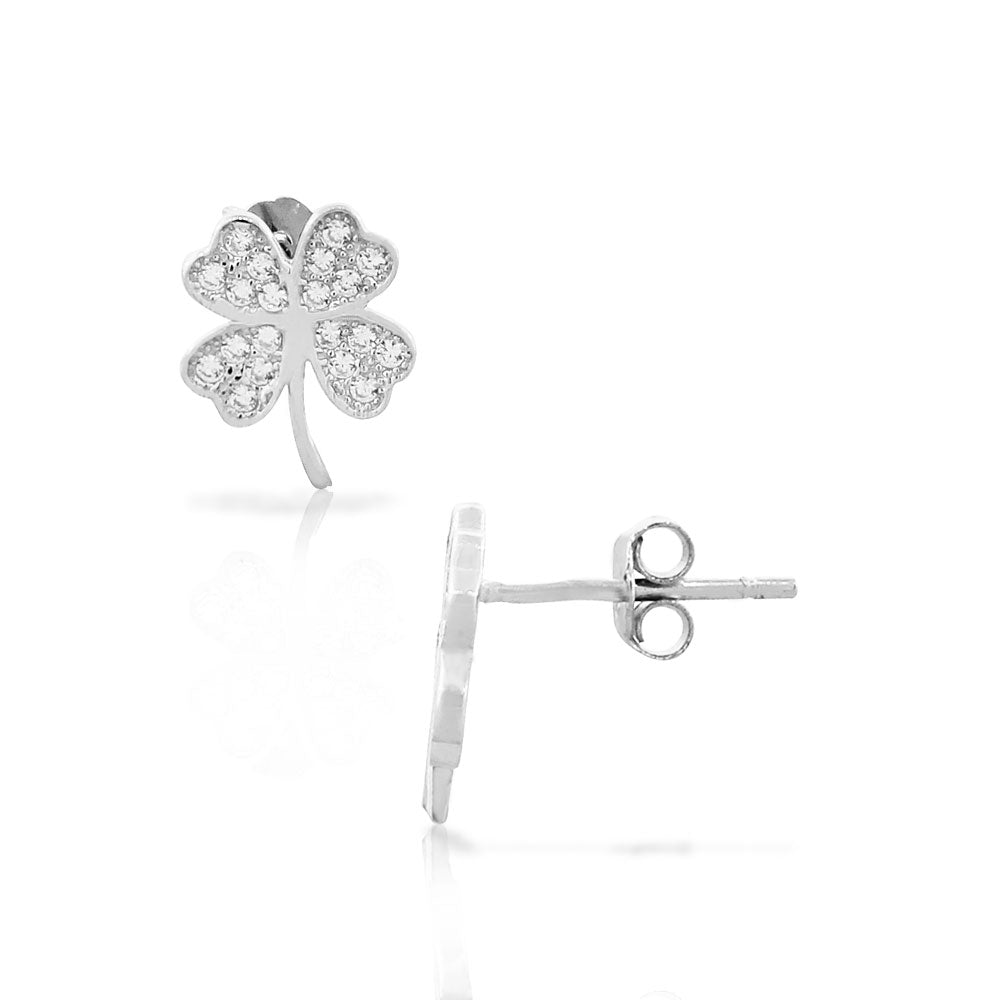 925 Sterling Silver White CZ Irish Clover Good Luck Stud Earrings