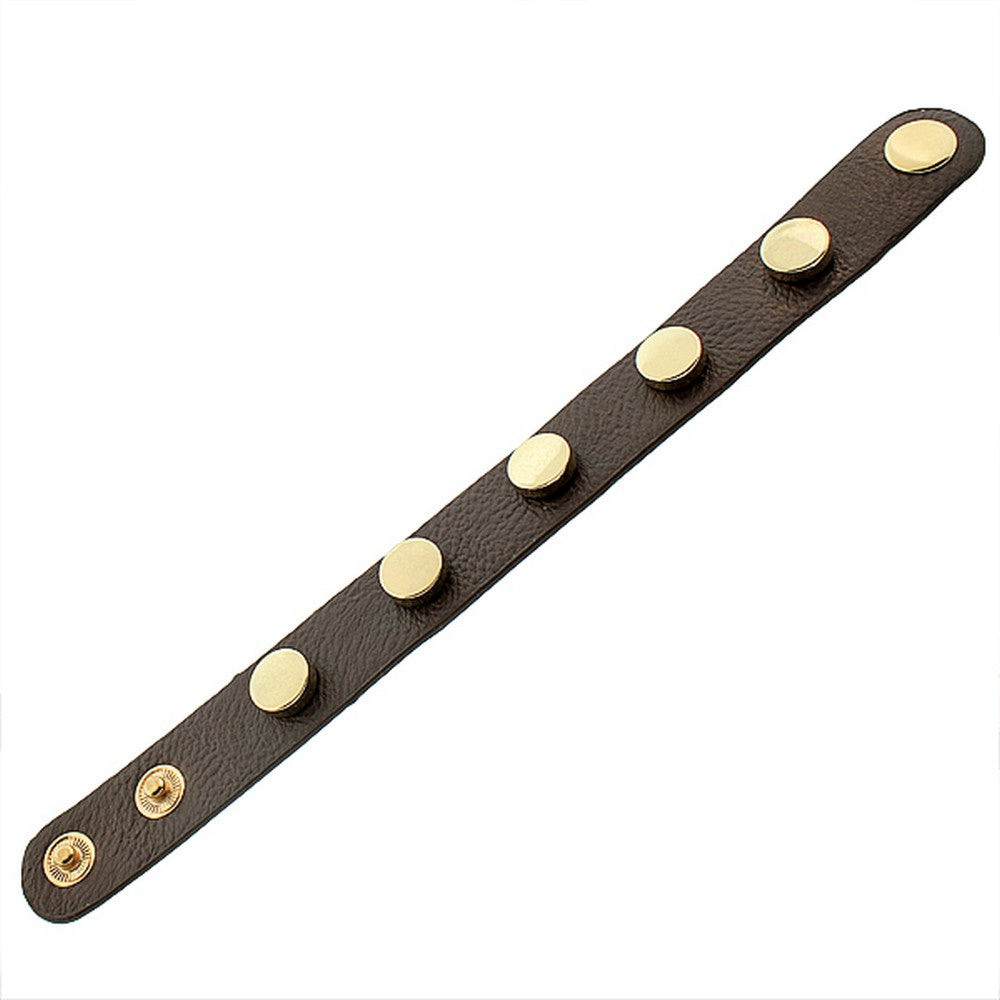 Faux Brown Leather Yellow Gold-Tone White CZ Wristband Wrap Bracelet
