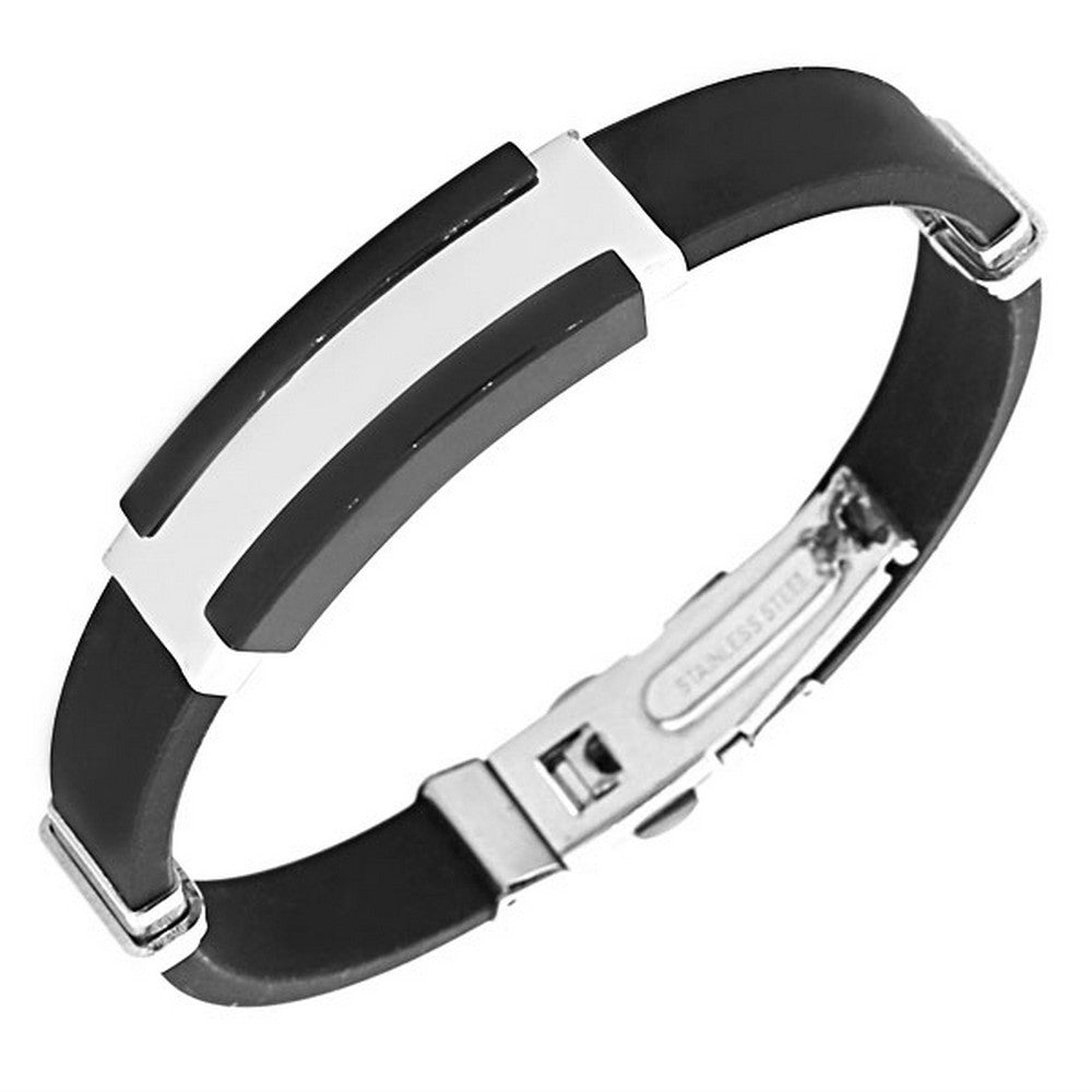 Stainless Steel Black Rubber Silicone Silver-Tone Men's Bracelet