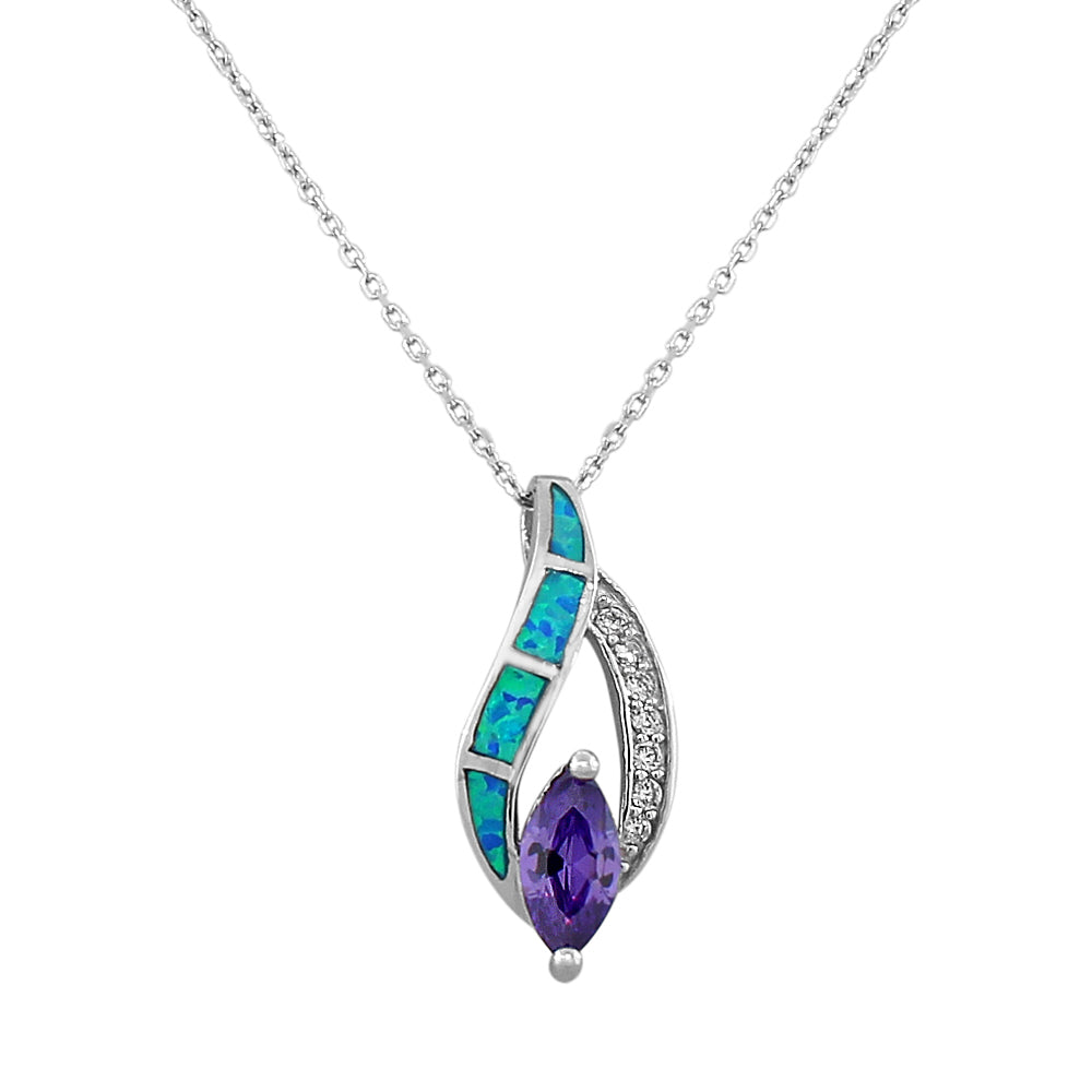 925 Sterling Silver Blue Turquoise-Tone Simulated Opal Purple-Tone CZ Pendant Necklace