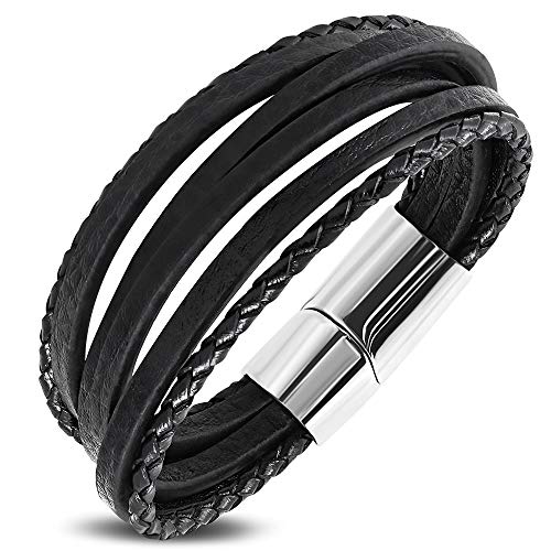 Stainless Steel Silver-Tone Black Faux Leather Brown Rope Wristband Layer Bracelet, 8"
