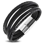 Stainless Steel Silver-Tone Black Faux Leather White Rope Wristband Layer Bracelet, 8"