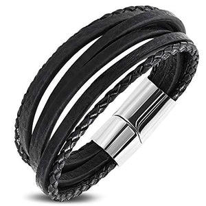 Stainless Steel Silver-Tone Black Faux Leather White Rope Wristband Layer Bracelet, 8"