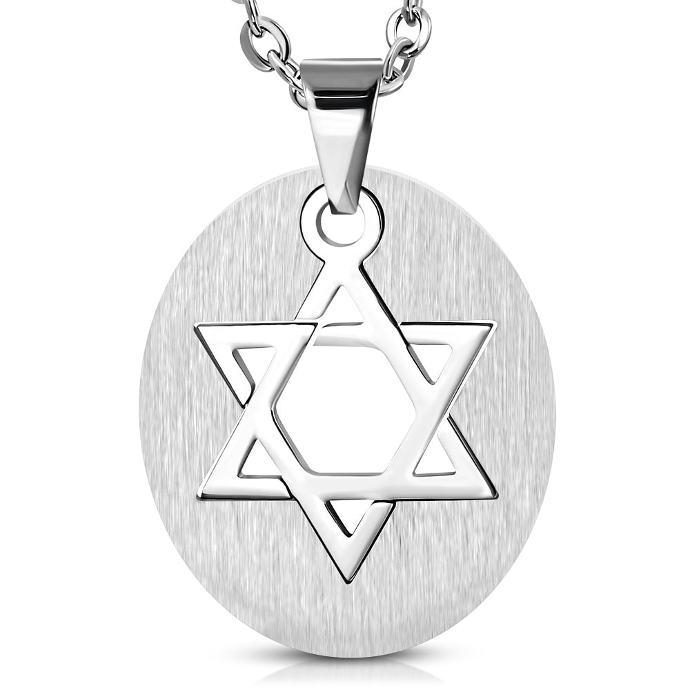 Stainless Steel Silver-Tone Oval Star of David Charm Mens Pendant Necklace