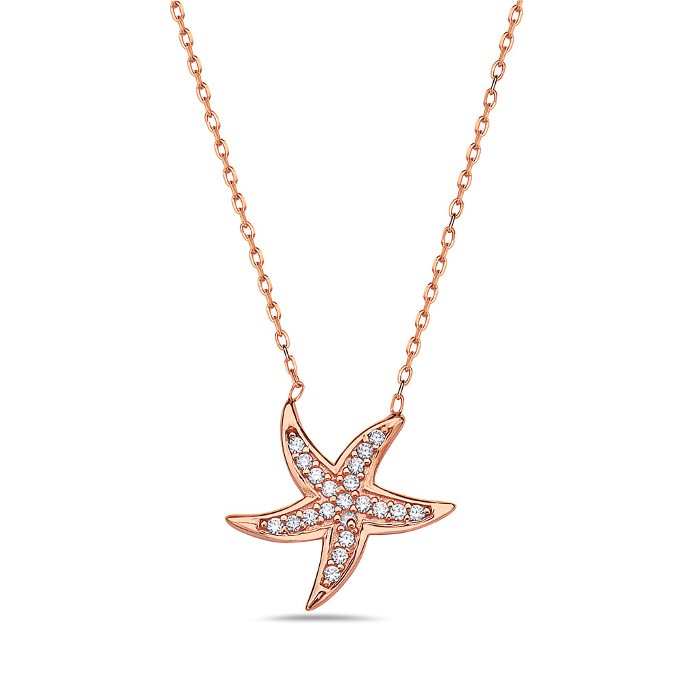 925 Sterling Silver Rose Gold-Tone Starfish Charm White CZ Pendant Necklace