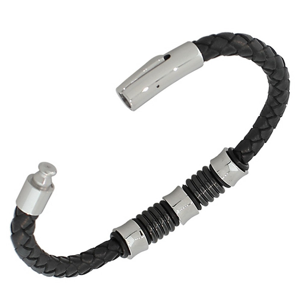 Stainless Steel Black Faux PU Leather Silver-Tone Men's Bracelet