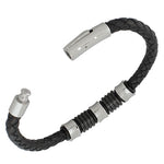 Stainless Steel Black Faux PU Leather Silver-Tone Men's Bracelet