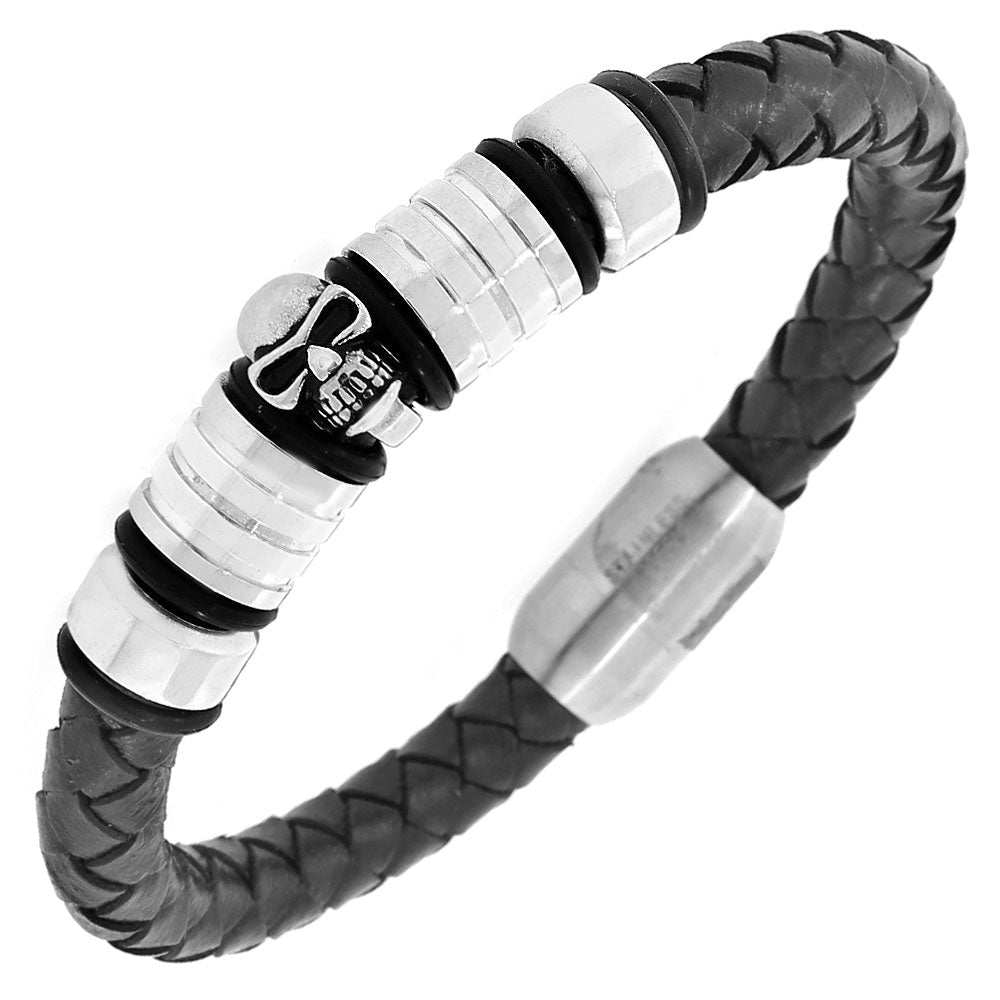 Stainless Steel Black Leather Silver-Tone Skull Men's Bracelet