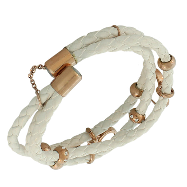 Fashion Alloy White Faux PU Leather Rose Gold-Tone Love Heart Multi-Row Layer Bracelet