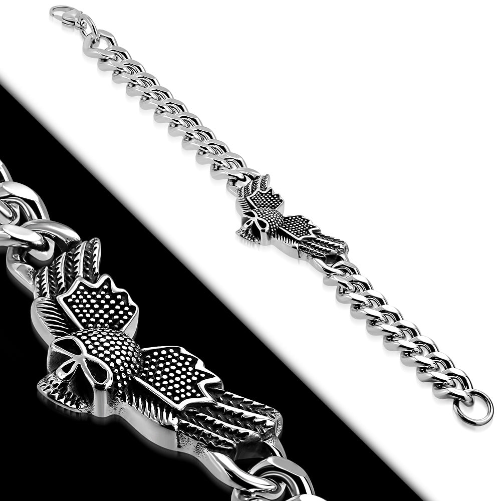 Stainless Steel Silver-Tone Skull Link Chain Mens Bracelet
