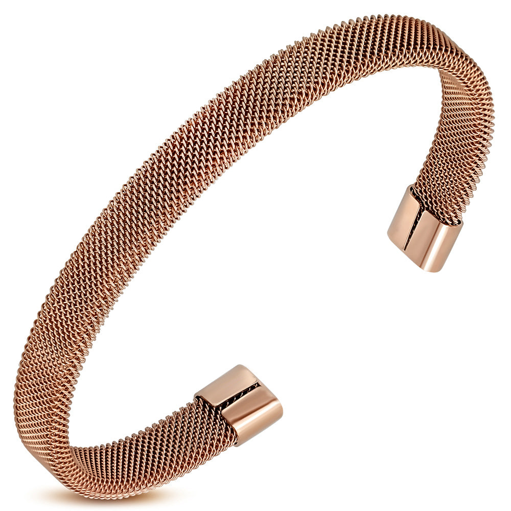 Stainless Steel Rose Gold-Tone Mesh Open End Bangle Bracelet