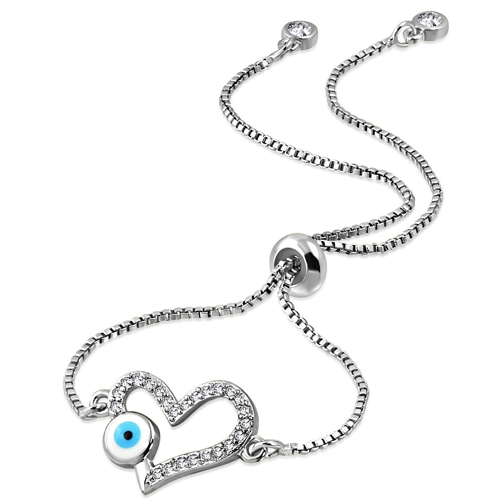 Stainless Steel Clear CZ Evil Eye Heart Adjustable Chain Bracelet, 9"
