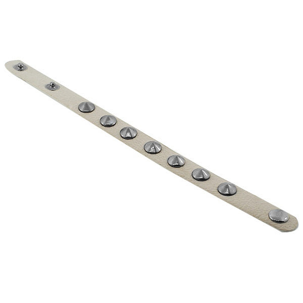 White PU Leather Silver-Tone Spikes Snap Wristband Unisex Bangle Bracelet