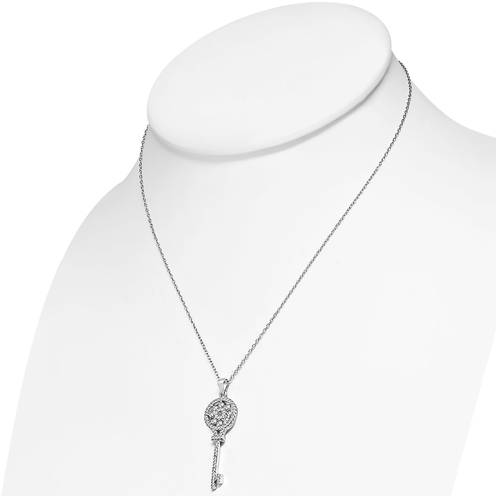 925 Sterling Silver White Clear CZ Large Statement Key Pendant Necklace