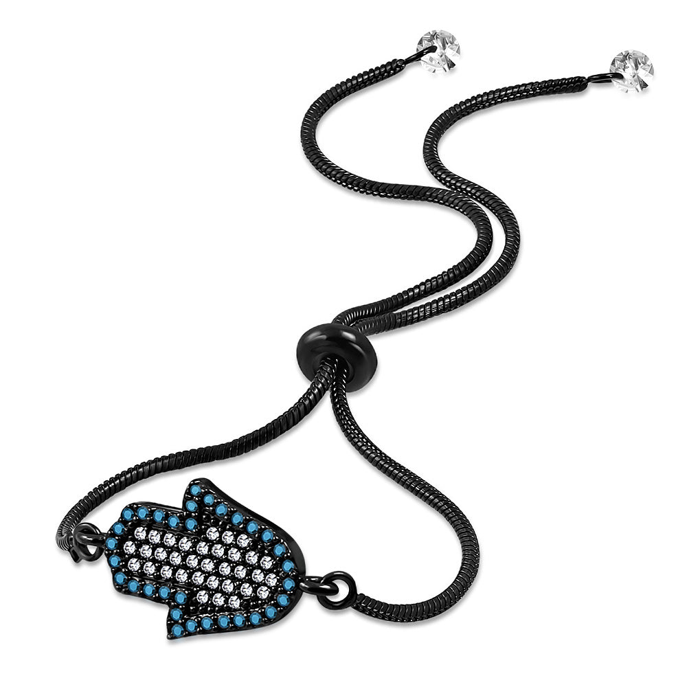 Stainless Steel Multi-Color CZ Hamsa Adjustable Snake Chain Bracelet