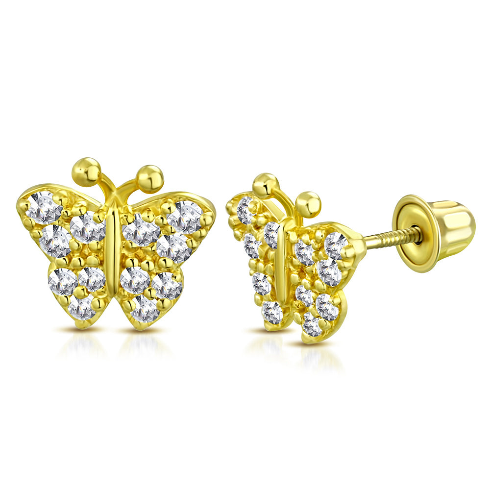 14K Yellow Gold Small Butterfly CZ Girls Stud Earrings