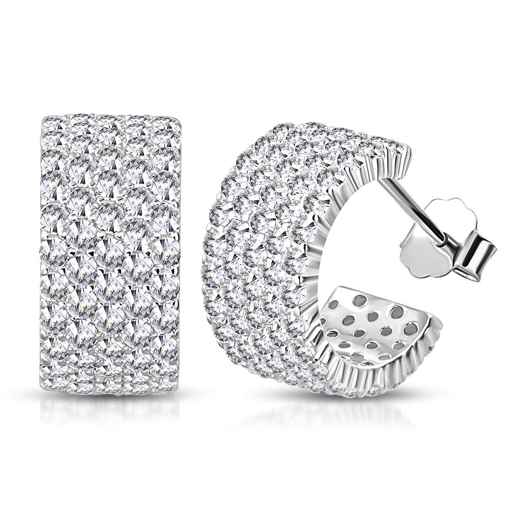 925 Sterling Silver White Clear CZ Half Hoop Huggie Earrings. 0.55"