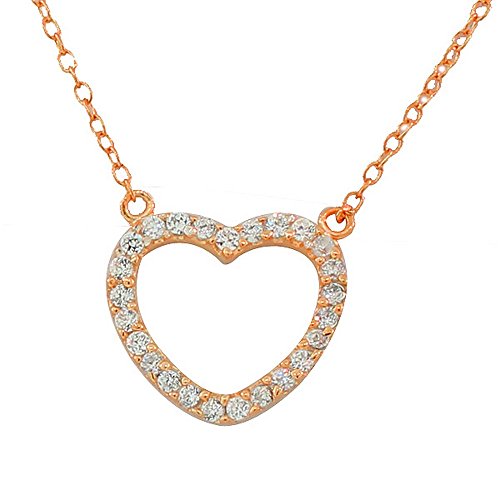 Sterling Silver Rose Gold-Tone Love Heart Charm White CZ Pendant Necklace