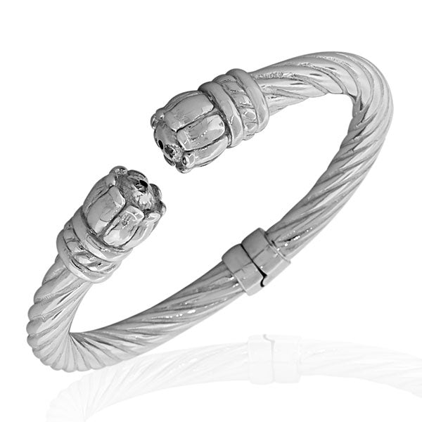 925 Sterling Silver Feather Light Flower Floral Open End Bangle Bracelet with Hinged Clasp