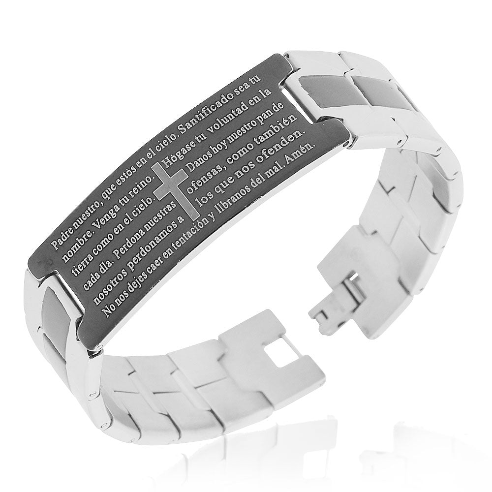 Stainless Steel Black Silver-Tone Padre Nuestro Prayer Spanish Mens Bracelet