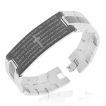 Stainless Steel Black Silver-Tone Padre Nuestro Prayer Spanish Mens Bracelet