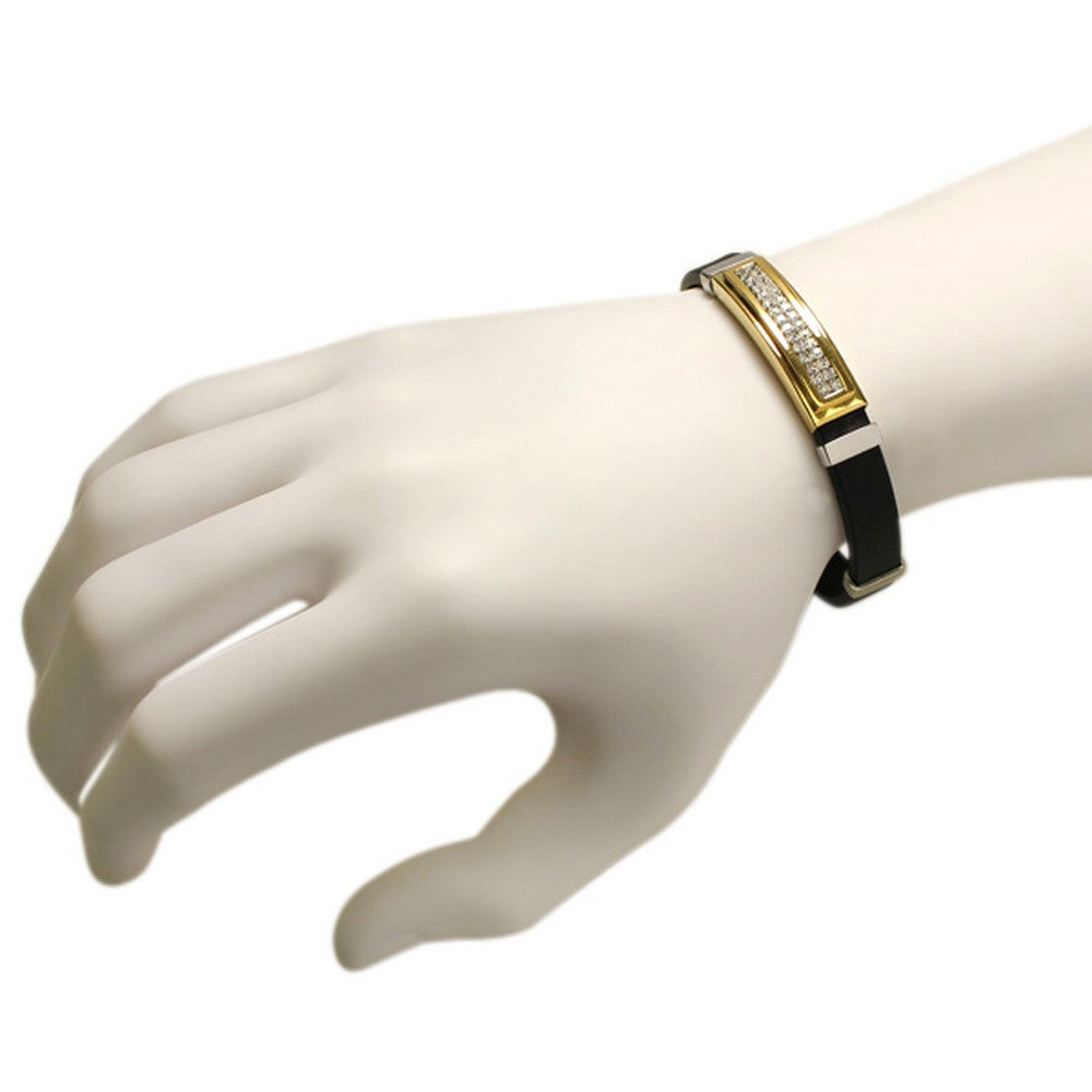 Stainless Steel Black Rubber Silicone Two-Tone White CZ Men's Bracelet