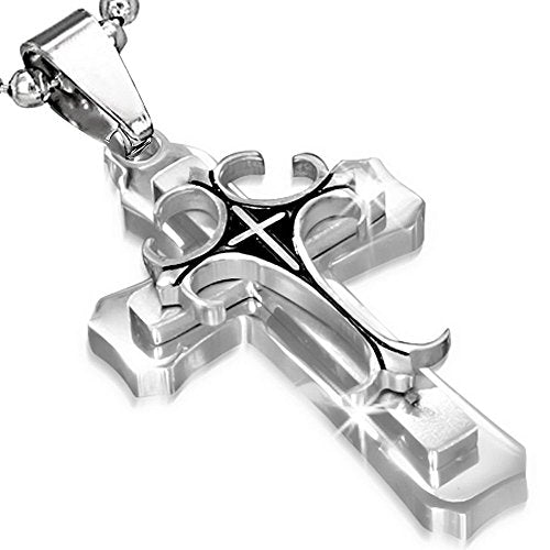 Stainless Steel Black Silver-Tone Latin Cross Crucifix Pendant Necklace