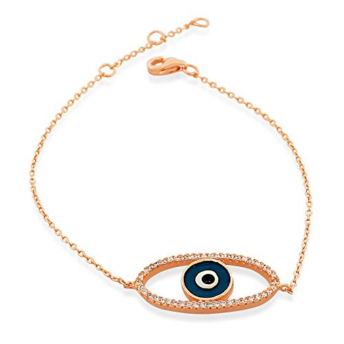 925 Sterling Silver Yellow Gold-Tone White CZ Blue Evil Eye Womens Link Chain Bracelet