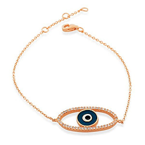 925 Sterling Silver Yellow Gold-Tone White CZ Blue Evil Eye Womens Link Chain Bracelet
