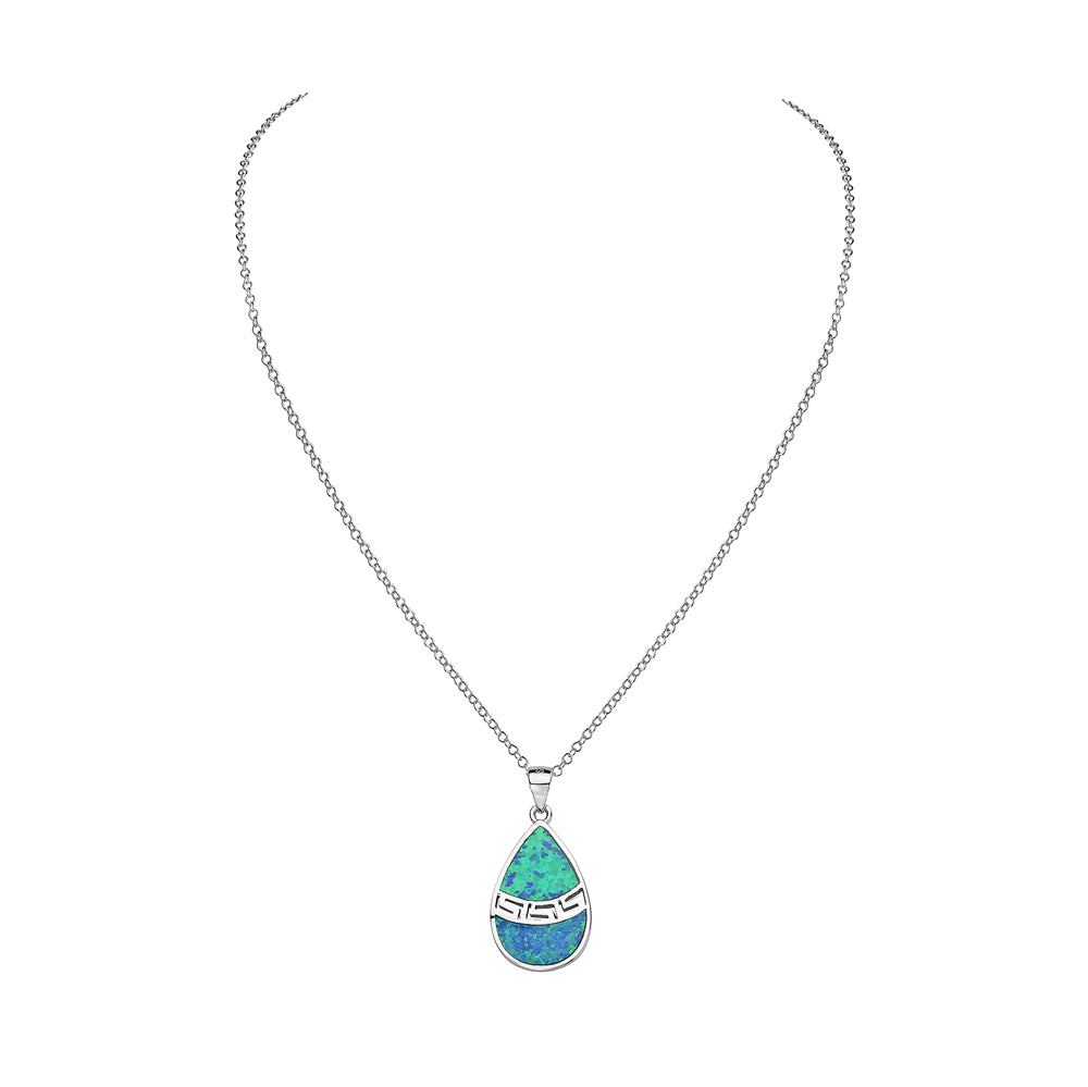925 Sterling Silver Blue Turquoise-Tone Simulated Opal Teardrop Pendant Necklace