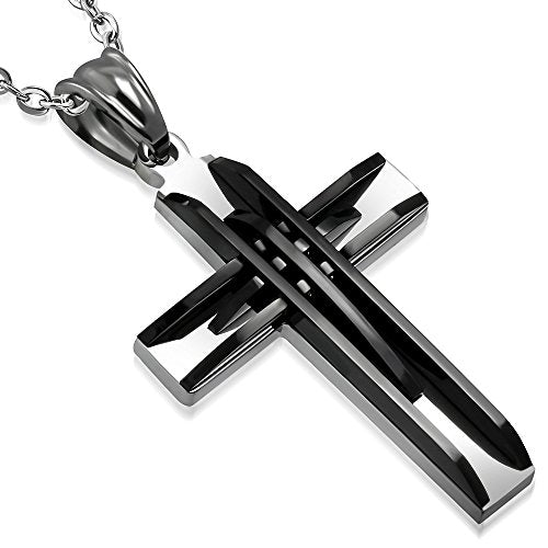 Stainless Steel Silver-Tone Religious Cross Pendant Necklace