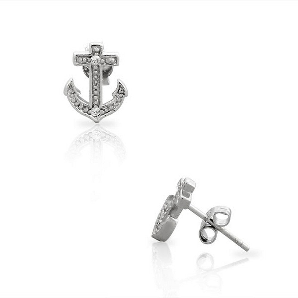 925 Sterling Silver Classic Small Anchor Womens Girls Stud Earrings