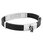Stainless Steel Black Rubber Silicone Silver-Tone Greek Key Mens Bracelet
