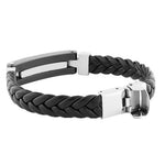 Stainless Steel Black Faux PU Leather Silver-Tone Braided Greek Key Men's Bracelet
